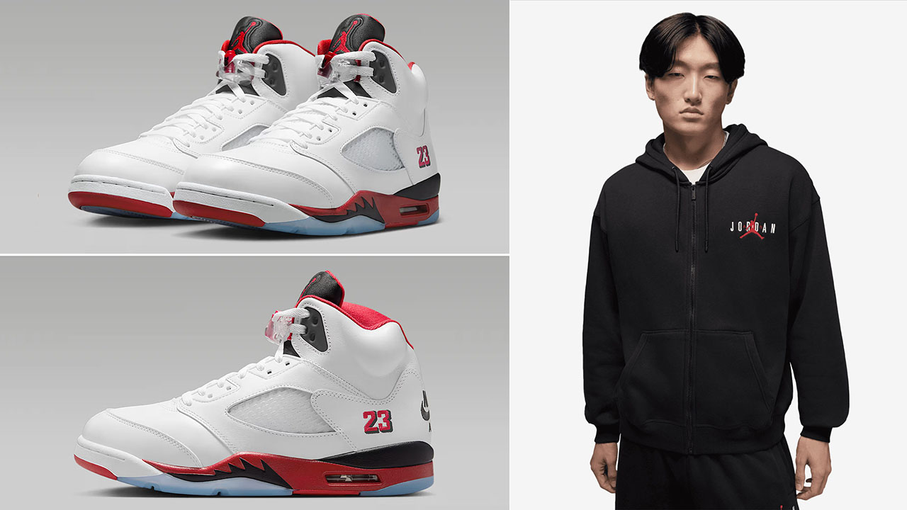 Air Jordan 5 Fire Red Black Tongue 2025 x Jordan Brooklyn Fleece Mens Oversized Black Full Zip Hoodie