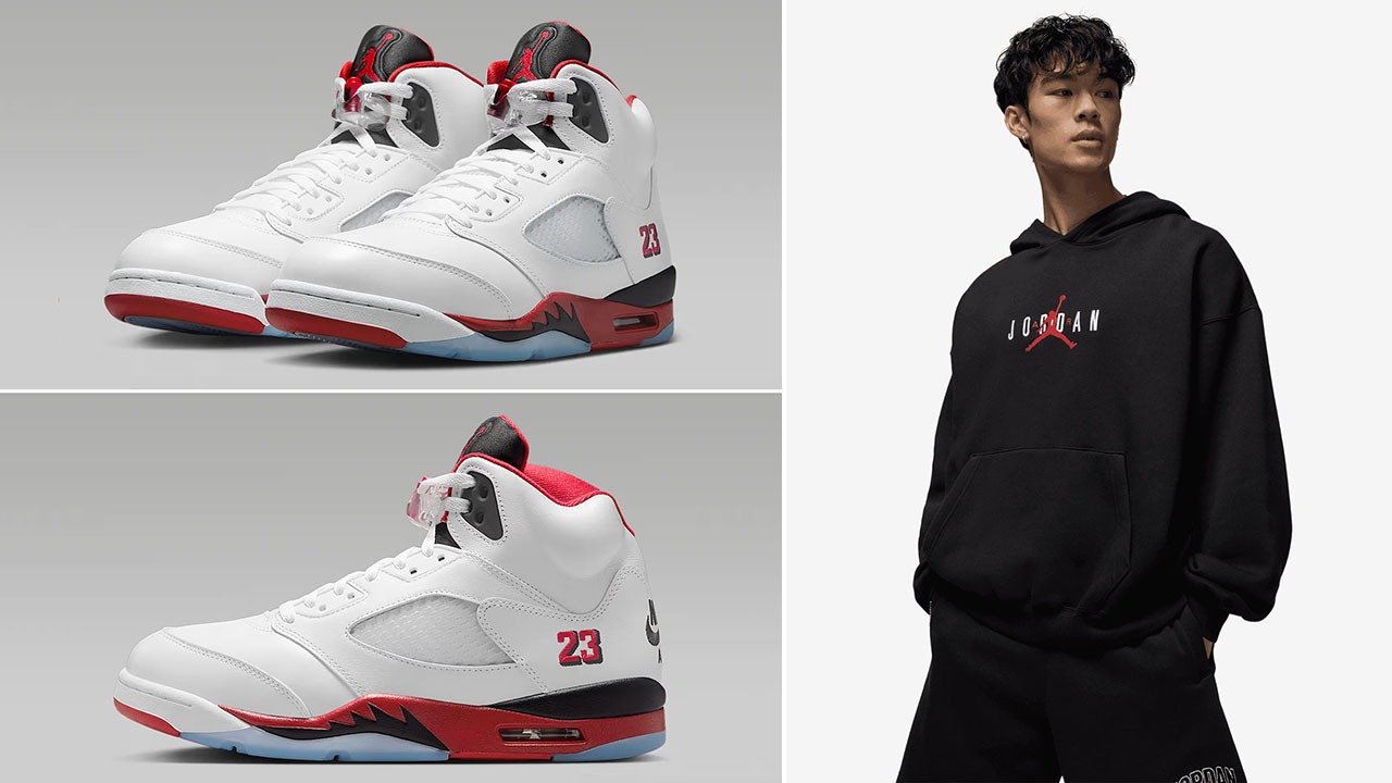 Air Jordan 5 Fire Red Black Tongue 2025 x Jordan Brooklyn Fleece Mens Oversized Black Pullover Hoodie