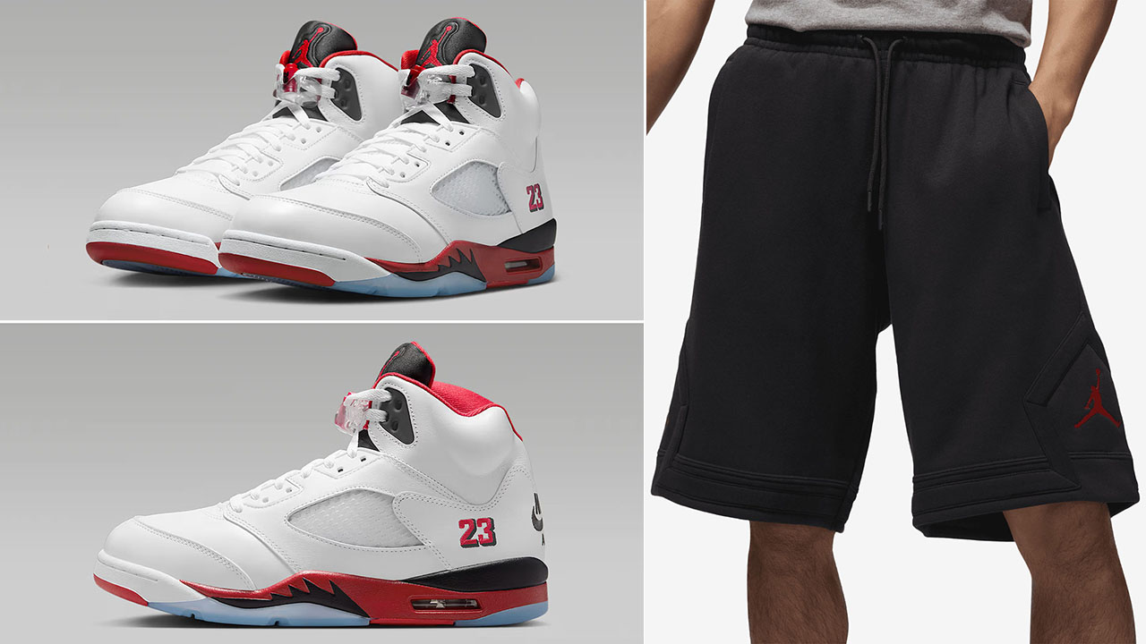 Air Jordan 5 Fire Red Black Tongue 2025 x Jordan Brooklyn Fleece Mens Oversized Black Shorts