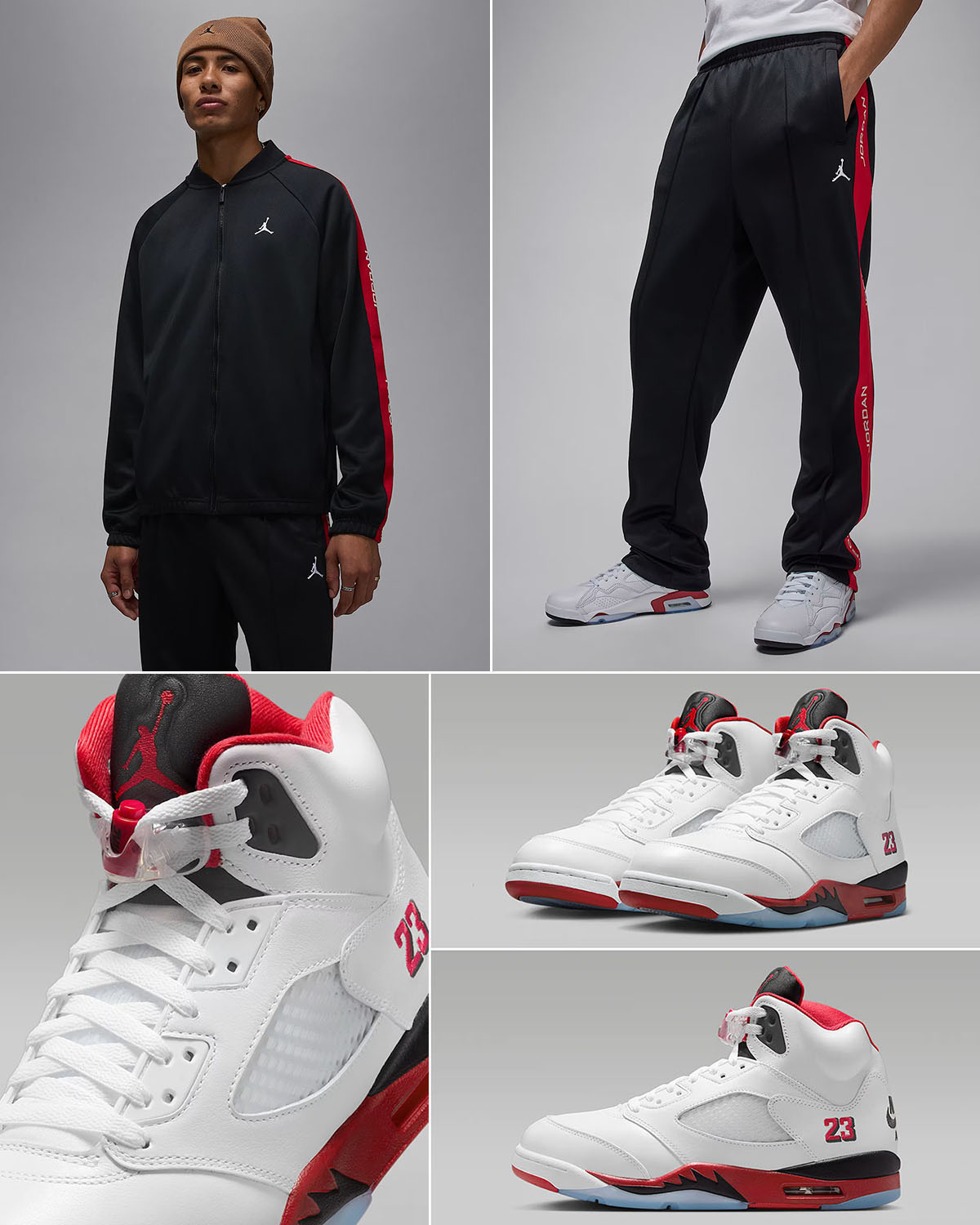 Air Jordan 5 Fire Red Black Tongue 2025 x Jordan Essential Track Suit Jacket and Pants Outfit