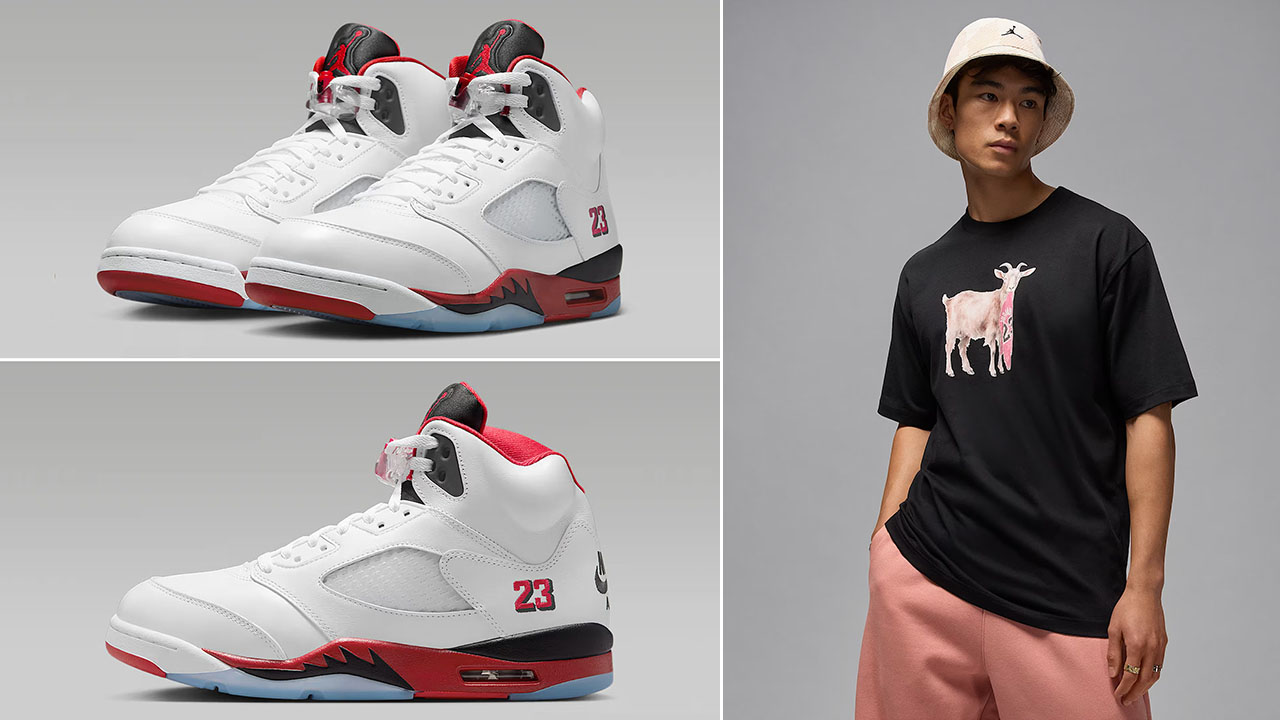 Air Jordan 5 Fire Red Black Tongue 2025 x Jordan Goat Black T Shirt