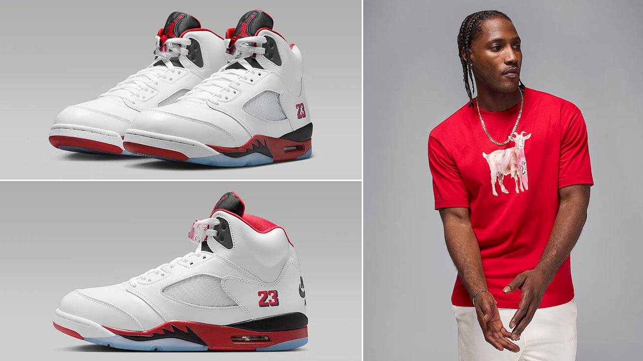Air Jordan 5 Fire Red Black Tongue 2025 x Jordan Goat Red T Shirt