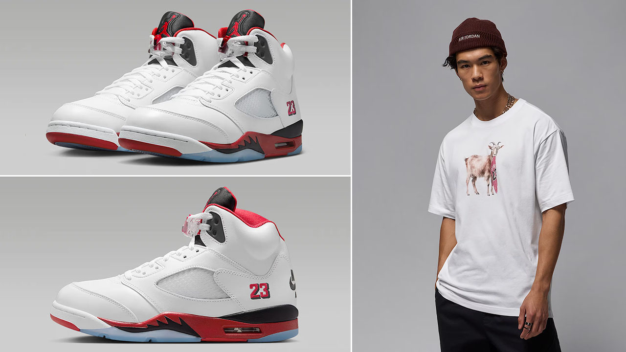Air Jordan 5 Fire Red Black Tongue 2025 x Jordan Goat White T Shirt