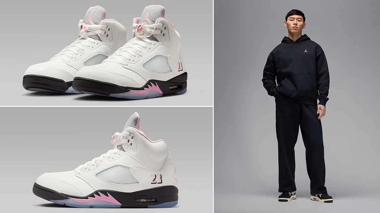 Air Jordan 5 Medium Soft Pink 35th Anniversary x Jordan Brooklyn Fleece Mens Oversized Black Hoodie and Pants Outfit