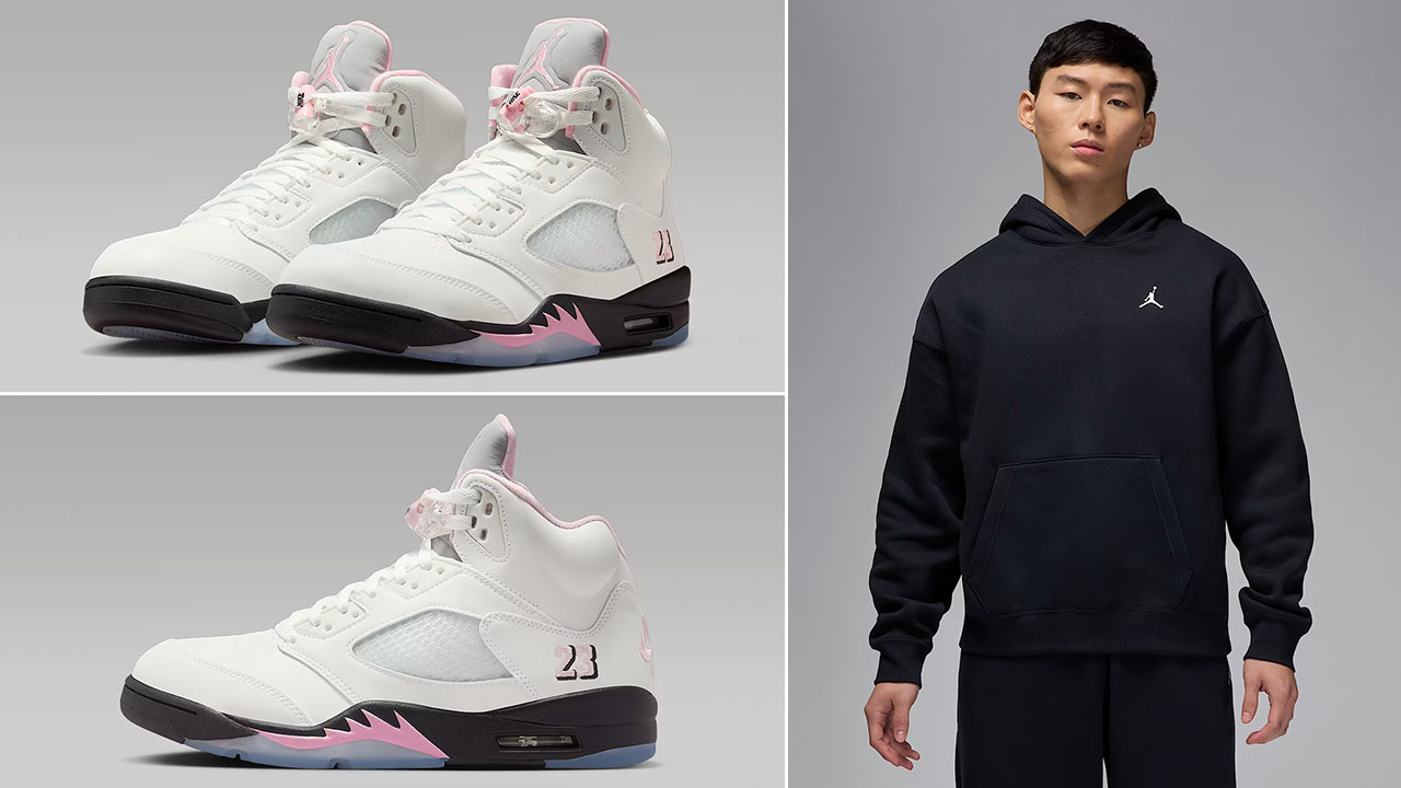 Air Jordan 5 Medium Soft Pink 35th Anniversary x Jordan Brooklyn Fleece Mens Oversized Black Hoodie