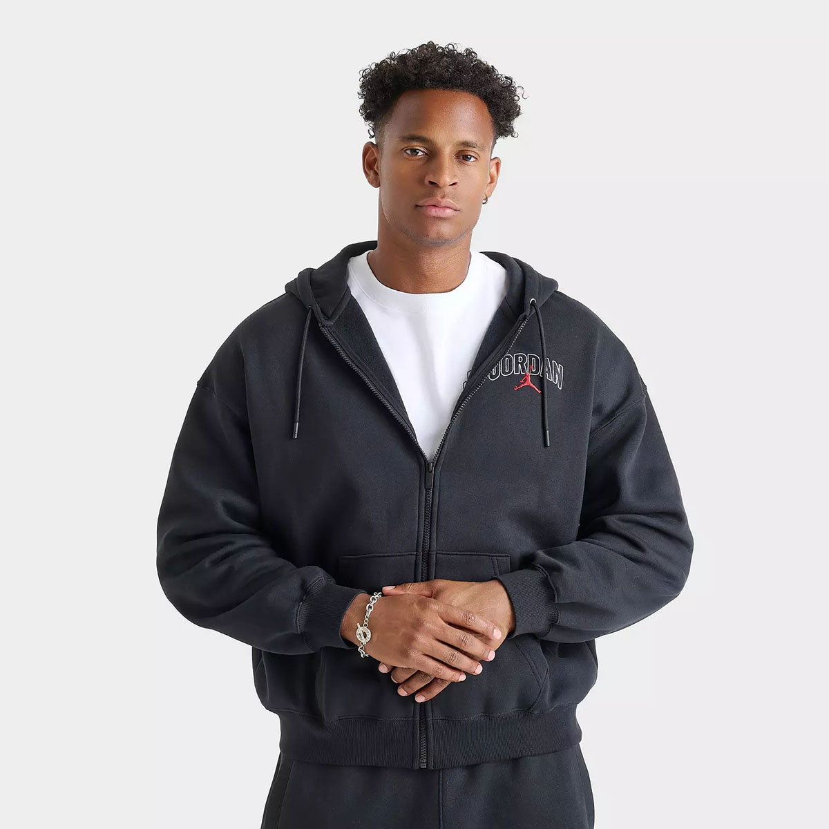 Jordan Brooklyn Fleece Mens Oversized Full Zip Hoodie Black White Red 1