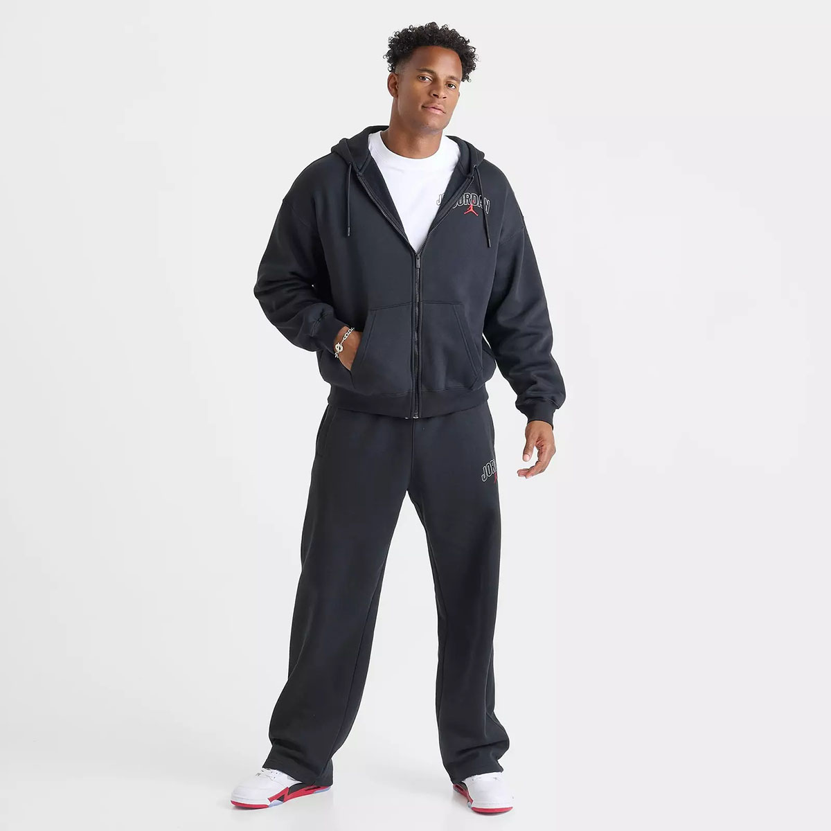 Jordan Brooklyn Fleece Mens Oversized Full Zip Hoodie and Pants Black White Red
