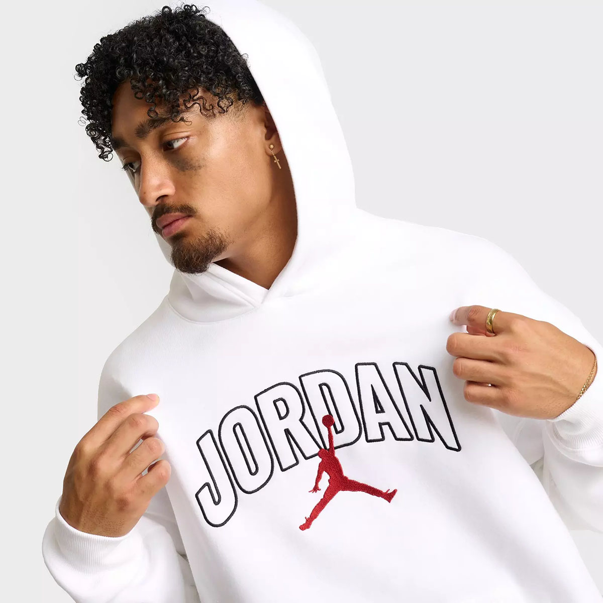 Jordan Brooklyn Fleece Mens Oversized Pullover Hoodie White Black Red 2