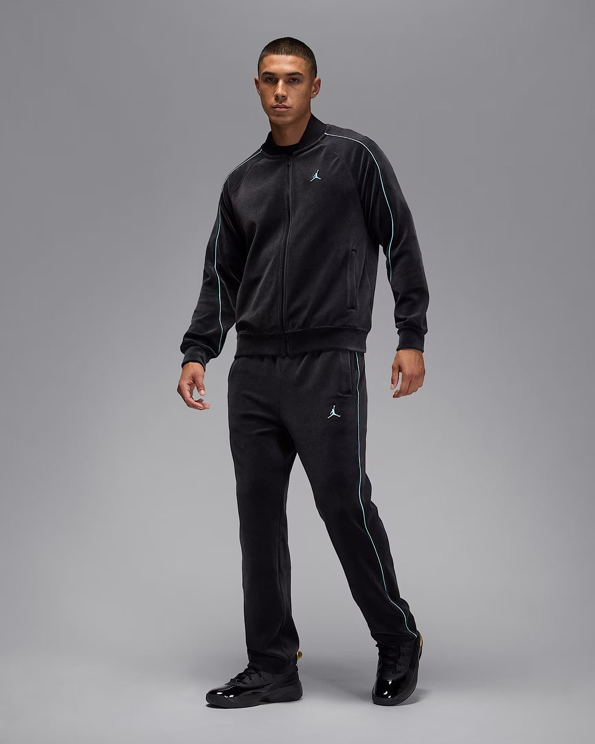 Jordan Brooklyn Mens Velour Track Jacket and Pants Black Blue Chill Outfit