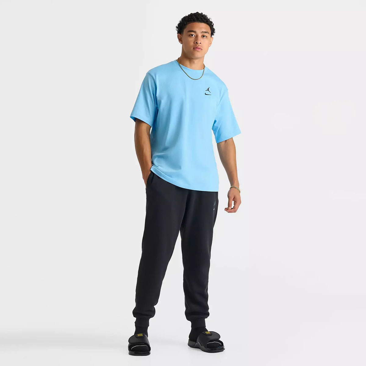 Jordan Brooklyn Swoosh Logo Mens T Shirt Gamma Blue Chill Black Outfit