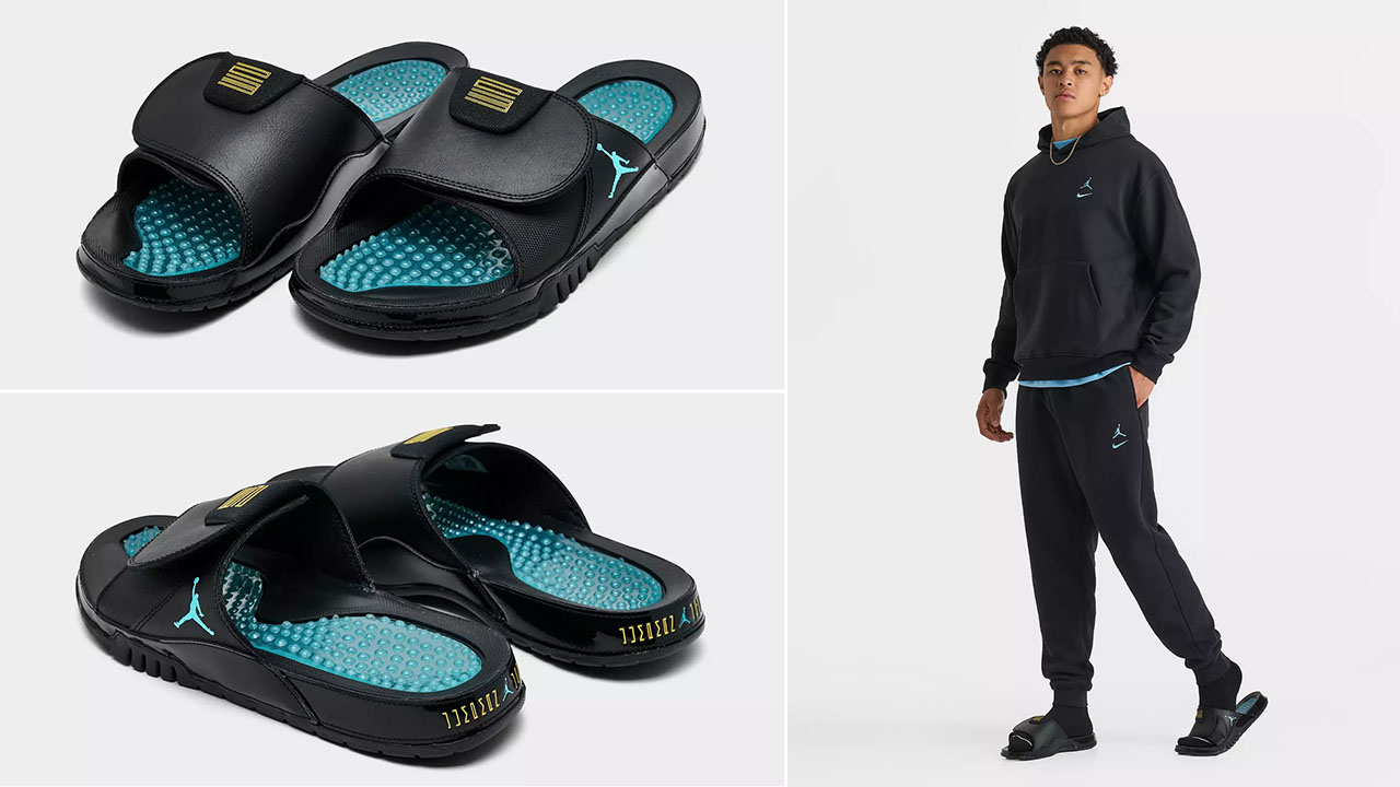 Jordan Hydro 11 Retro Mens Slides Sandals Black Gamma Blue x Jordan Brooklyn Swoosh Fleece Hoodie and Pants