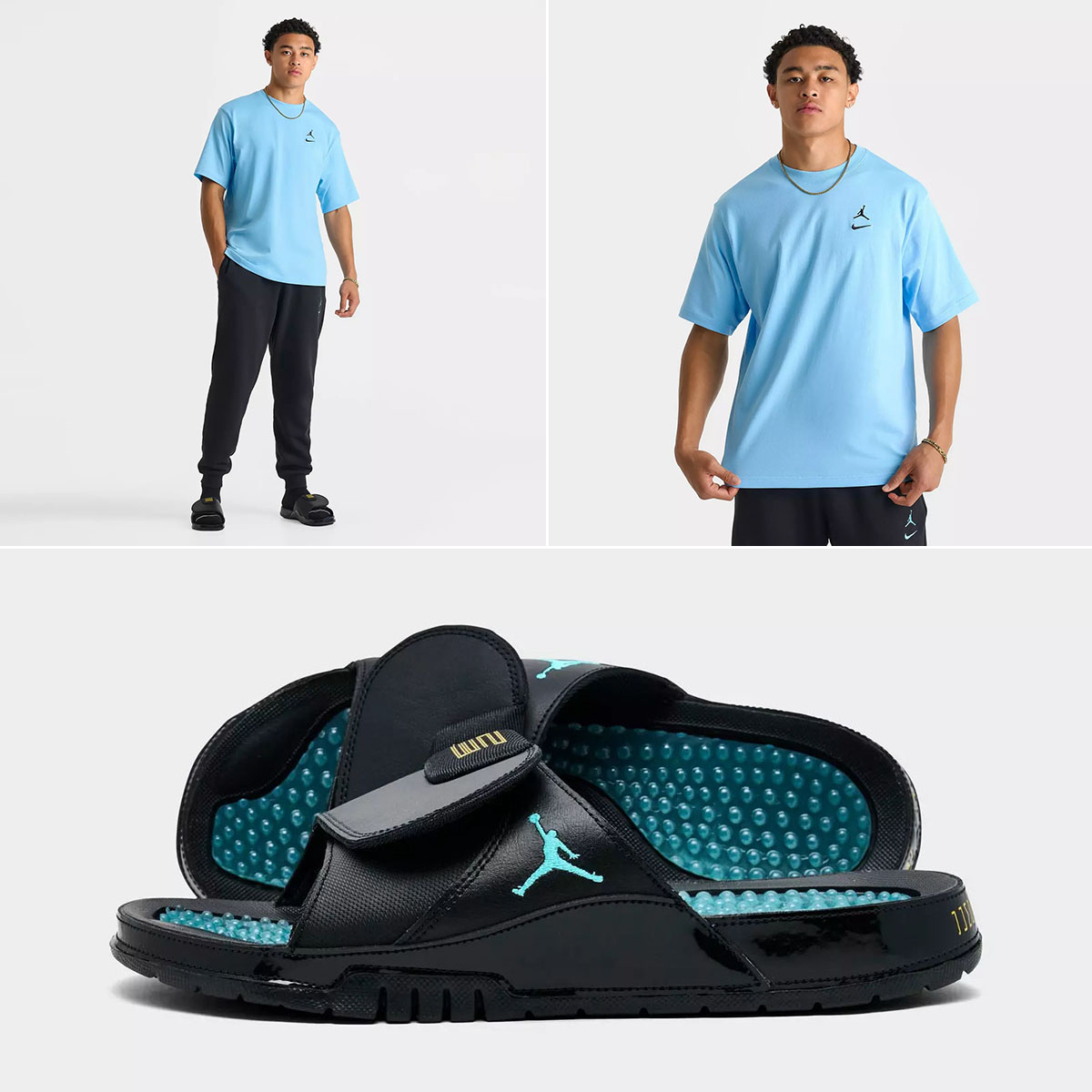 Jordan Hydro 11 Retro Mens Slides Sandals Black Gamma Blue x Jordan Brooklyn Swoosh Logo T Shirt Outfit