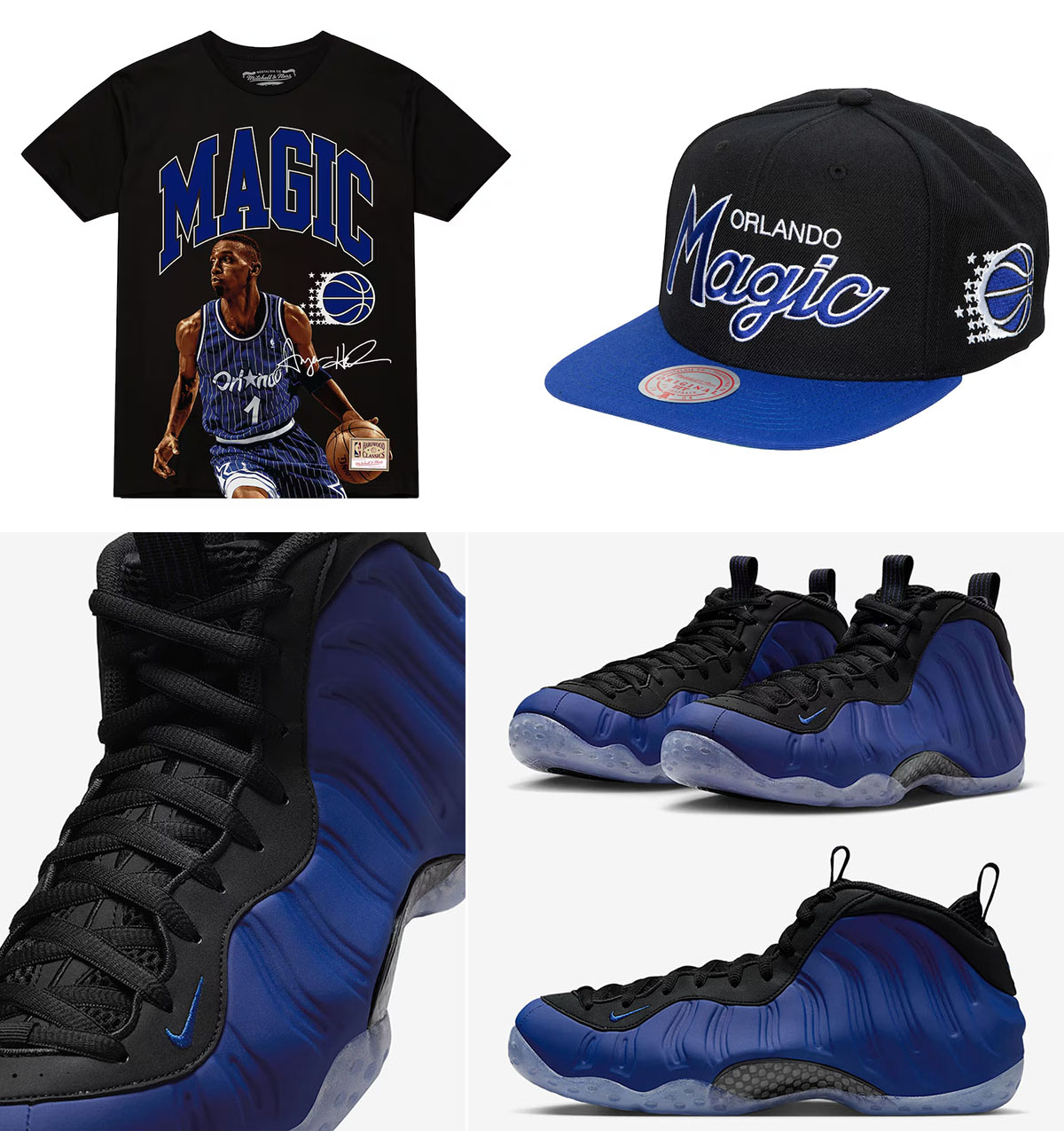 Nike Air Foamposite One Deep Royal Orlando Magic Penny Hardaway Shirt and Hat Outfit