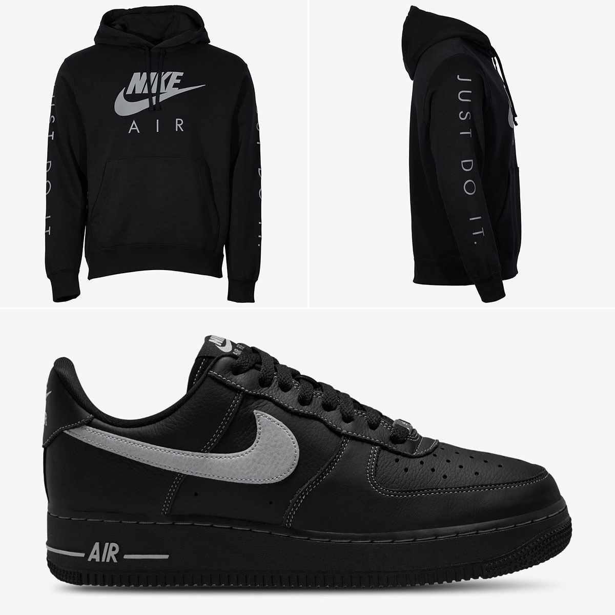 Nike Air Force 1 Low 07 LV8 Black Wolf Grey Mens Shoes x Nike Air Just Do It Pullover Hoodie Outfit