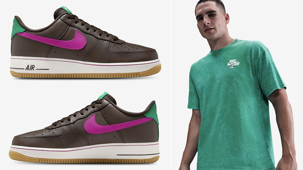 Nike Air Force 1 Low Baroque Brown Vivid Purple Stadium Green Mens Shoes and Shirt Outfit