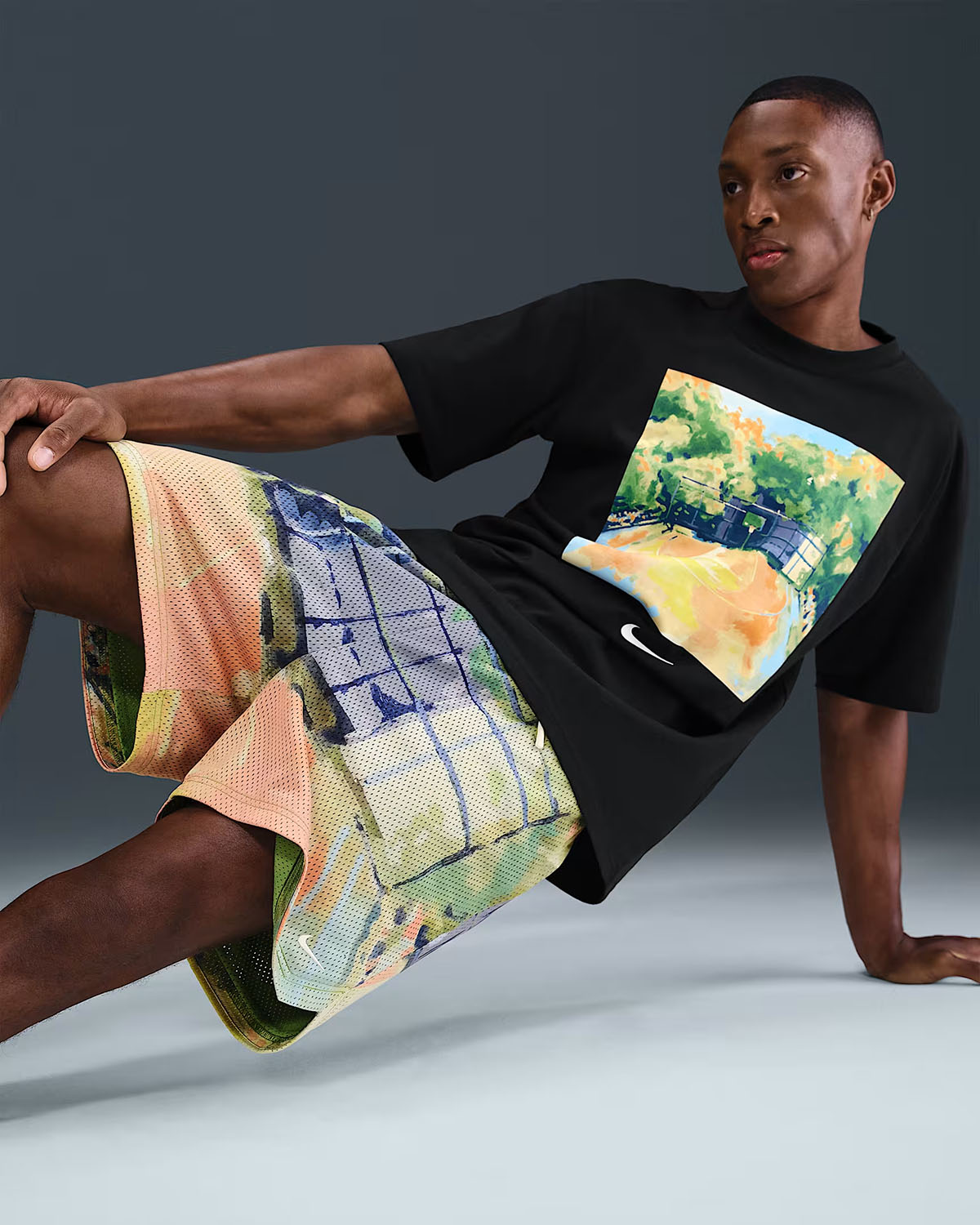 Nike Basketball Court Art Mens Basketball T Shirt and Shorts Multi Color