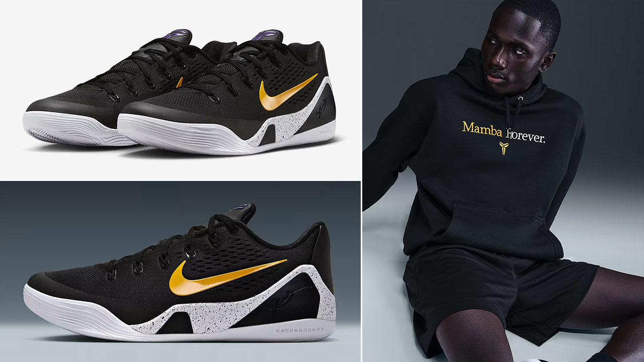 Nike Kobe 9 Elite Low EM Lakers Away Shoes x Nike Kobe Mamba Forever Mens Fleece Hoodie Outfit