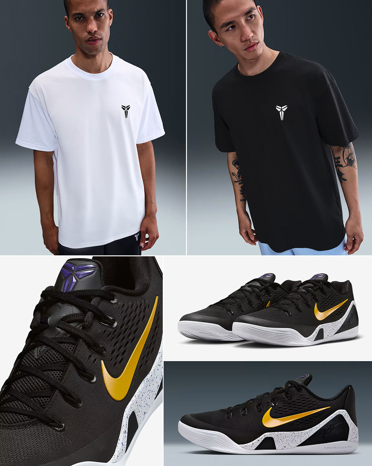 Nike-Kobe-9-Elite-Low-EM-Protro-Black-University-Gold-Lakers-Away-Shoes-x-Nike-Kobe-Logo-T-Shirt