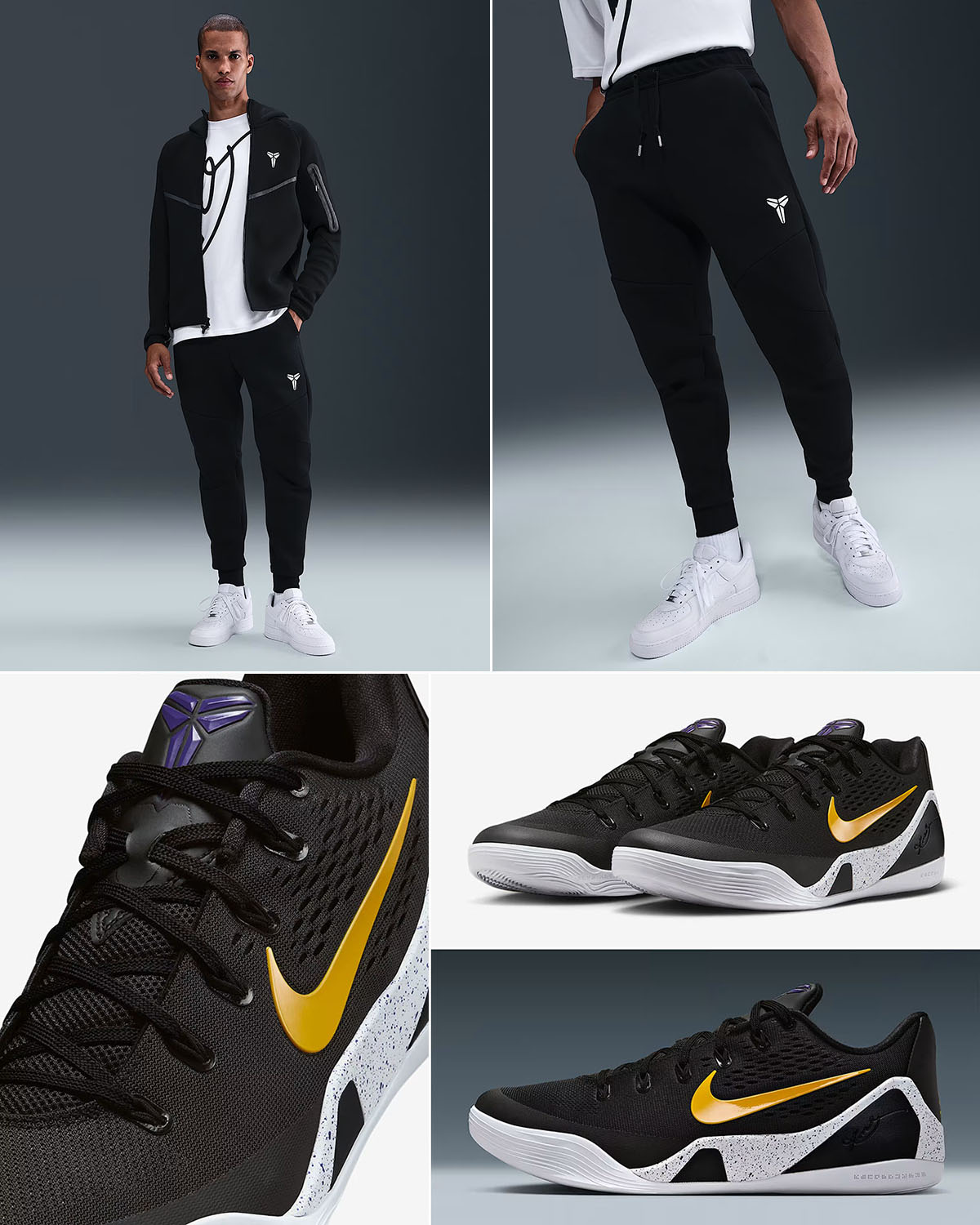 Nike-Kobe-9-Elite-Low-EM-Protro-Black-University-Gold-Lakers-Away-Shoes-x-Nike-Kobe-Tech-Fleece-Hoodie-and-Jogger-Pants-Outfit-1