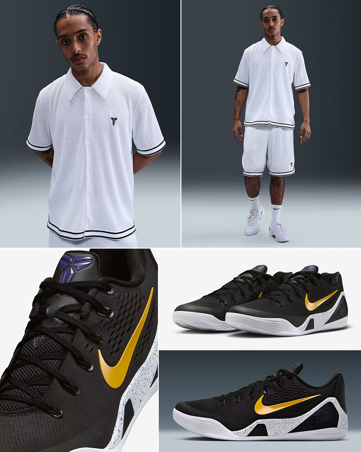 Nike Kobe 9 Elite Low EM Protro Black University Gold Shoes x Nike Kobe White Shirt and Shorts Outfit