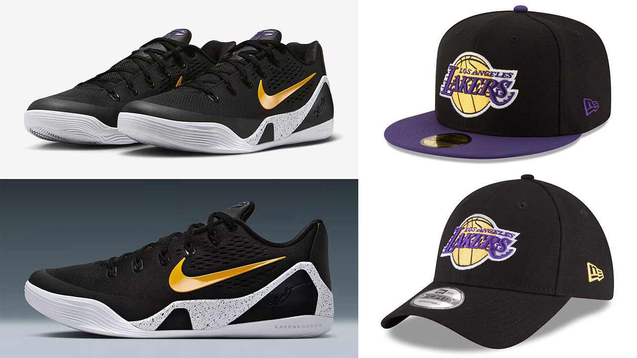 Nike Kobe 9 Elite Low EM Protro Lakers Awawy Black University Gold Shoes x New Era Lakers Hats