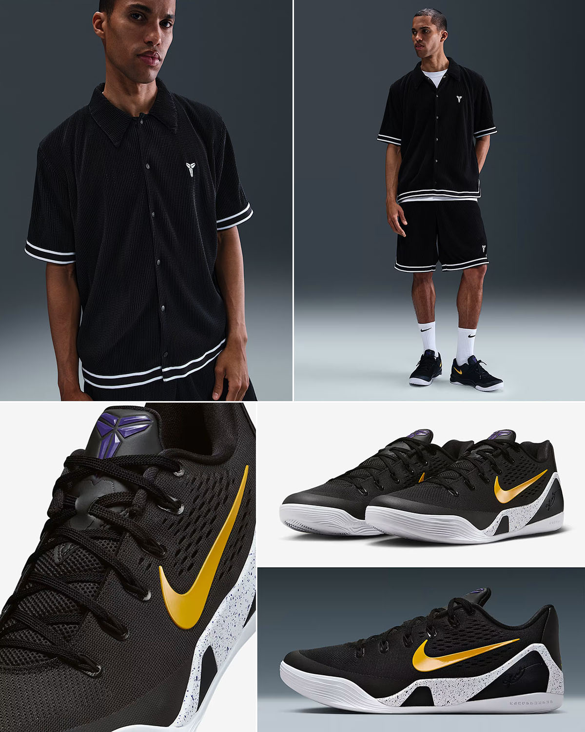Nike Kobe 9 Elite Low EM Protro Lakers Away Shoes x Nike Kobe Black Shirt and Shorts Outfit