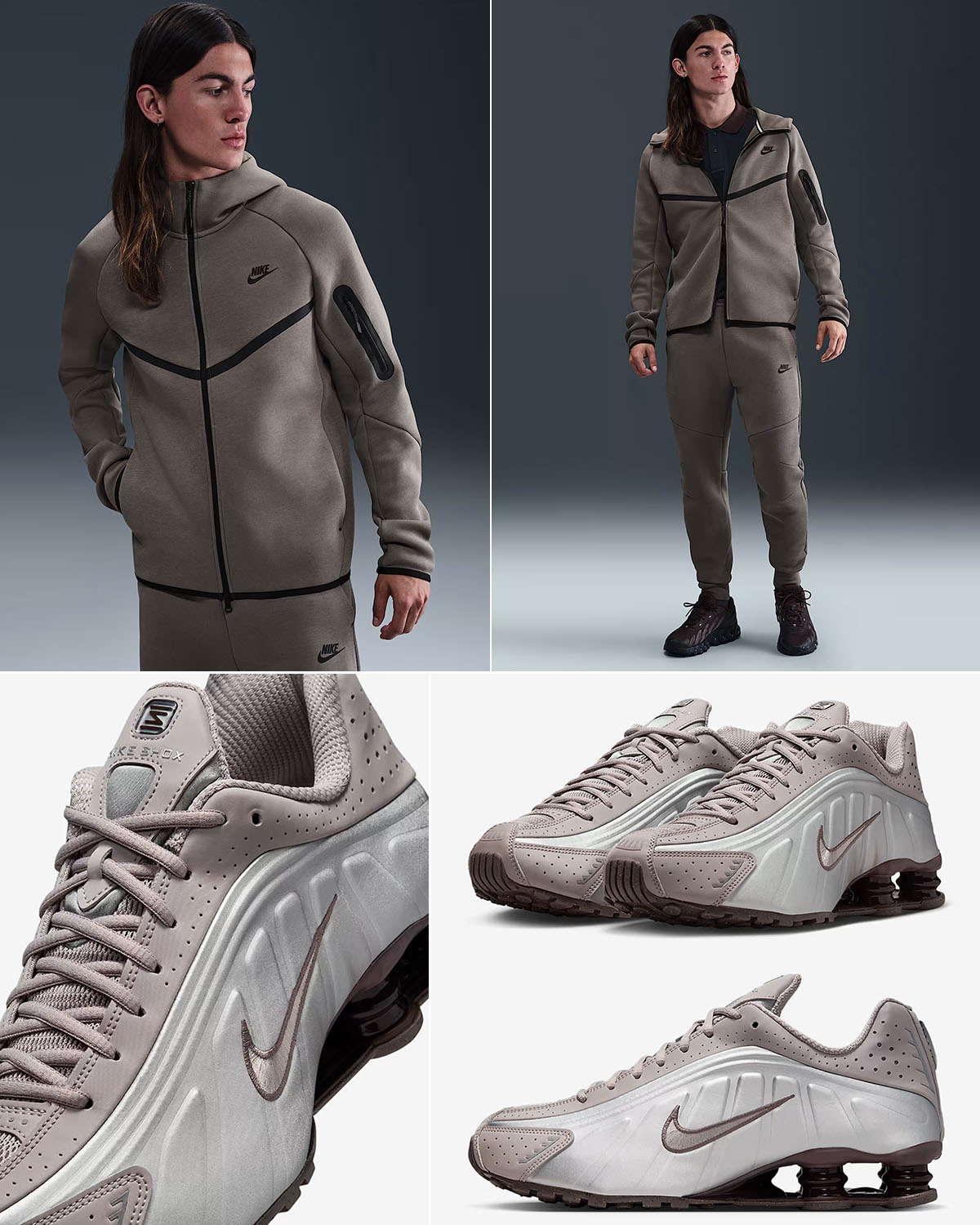 Nike Shox R4 Cave Stone x Nike Tech Fleece Full Zip Hoodie and Jogger Pants