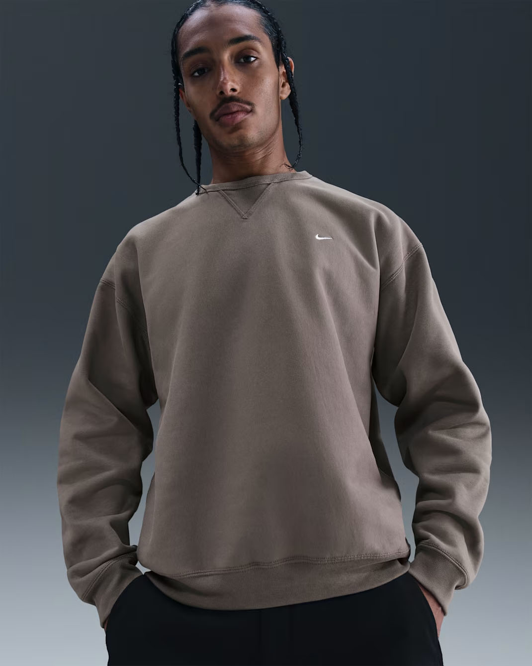 Nike Solo Swoosh Mens Crew Sweatshirt Cave Stone