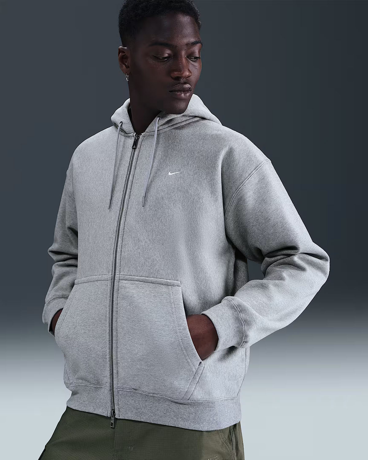 Nike Solo Swoosh Mens Fleece Full Zip Hoodie Dark Grey Heather