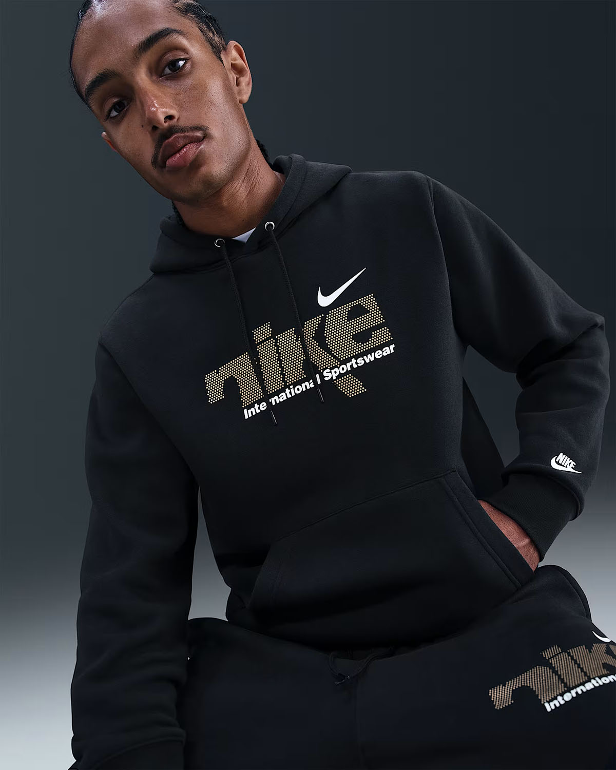 Nike Sportswear Club Fleece Mens Pullover Hoodie Black Metallic Gold 1