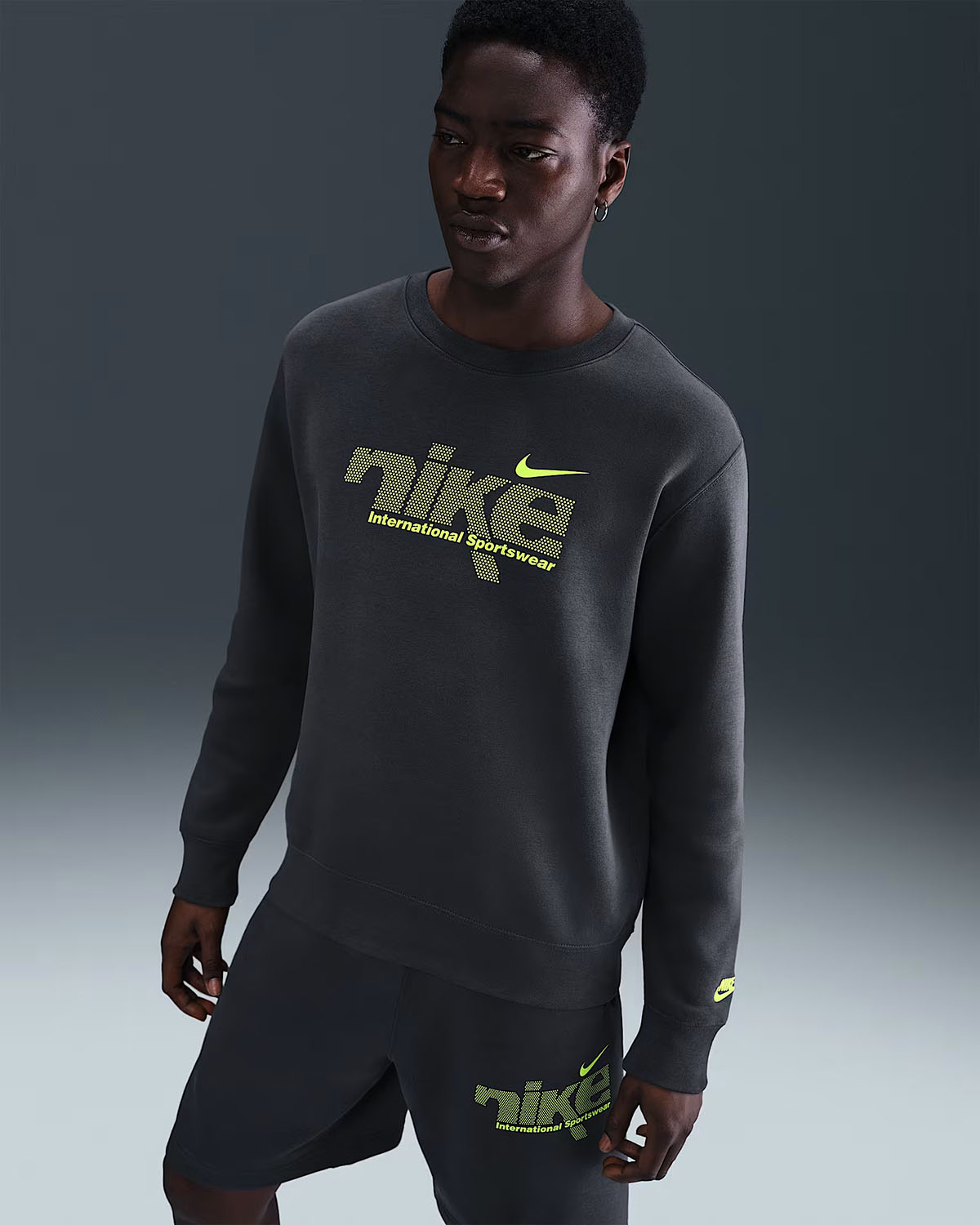 Nike Sportswear Club Mens Fleece Crew Sweatshirt Anthracite Volt 1