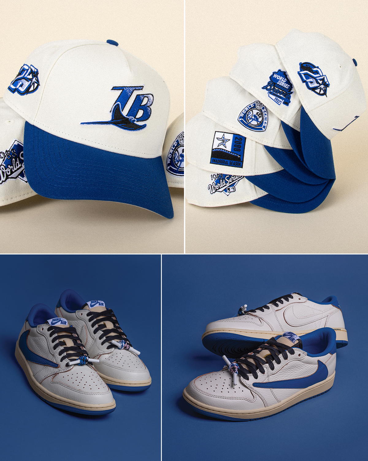 Travis Scott x Fragment Design x Air Jordan 1 Low OG White Royal New Era A Frame Snapback Hats to Match Sneakers