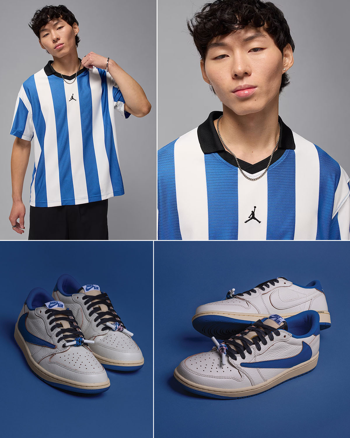 Travis Scott x Fragment Design x Air Jordan 1 Low OG White Royal Shoes x Jordan Brookyn Collegiate Goalie Top Outfit