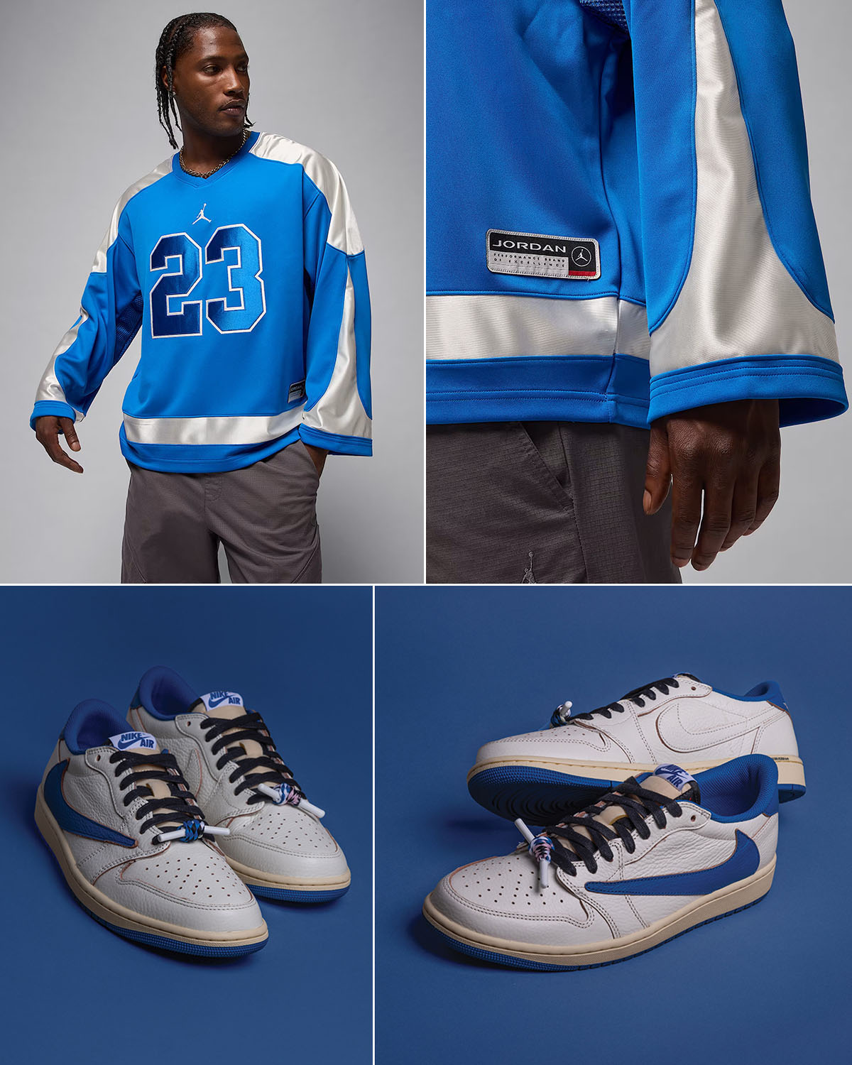 Travis Scott x Fragment Design x Air Jordan 1 Low OG White Royal Shoes x Jordan Brookyn Collegiate Hockey Jersey Outfit