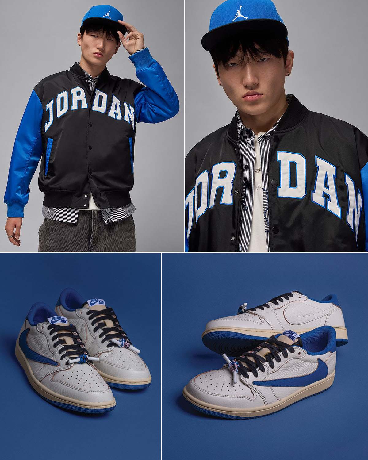 Travis Scott x Fragment Design x Air Jordan 1 Low OG White Royal Shoes x Jordan Brookyn Collegiate Varsity Jacket Outfit
