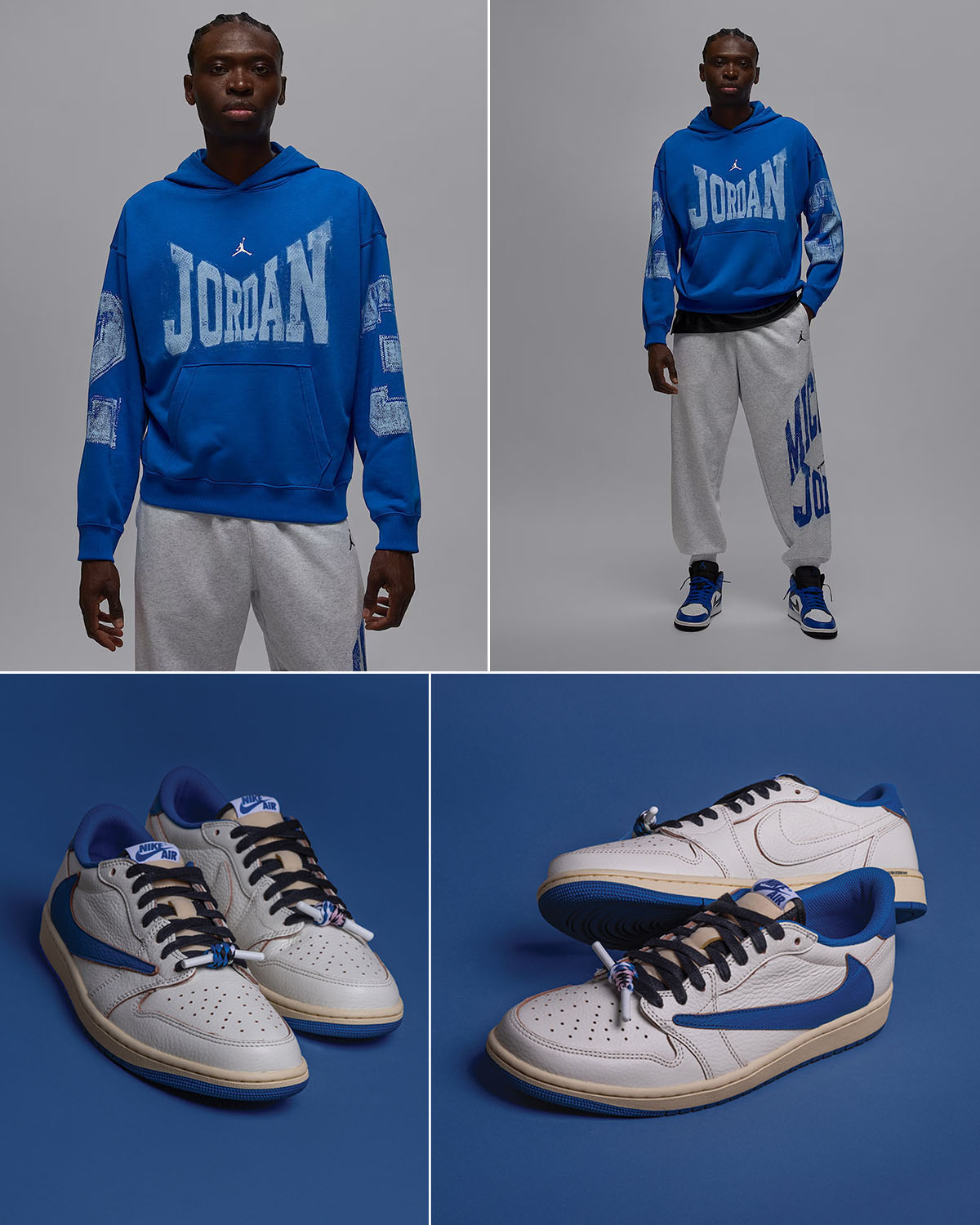 Travis Scott x Fragment Design x Air Jordan 1 Low OG White Royal Shoes x Jordan Brookyn Fleece Hoodie and Jogger Pants Outfit