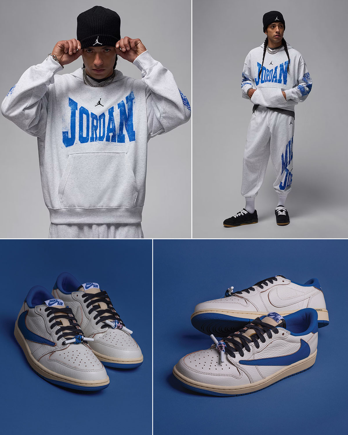 Travis Scott x Fragment Design x Air Jordan 1 Low OG White Royal Shoes x Jordan Brookyn Fleece Hoodie and Pants Outfit