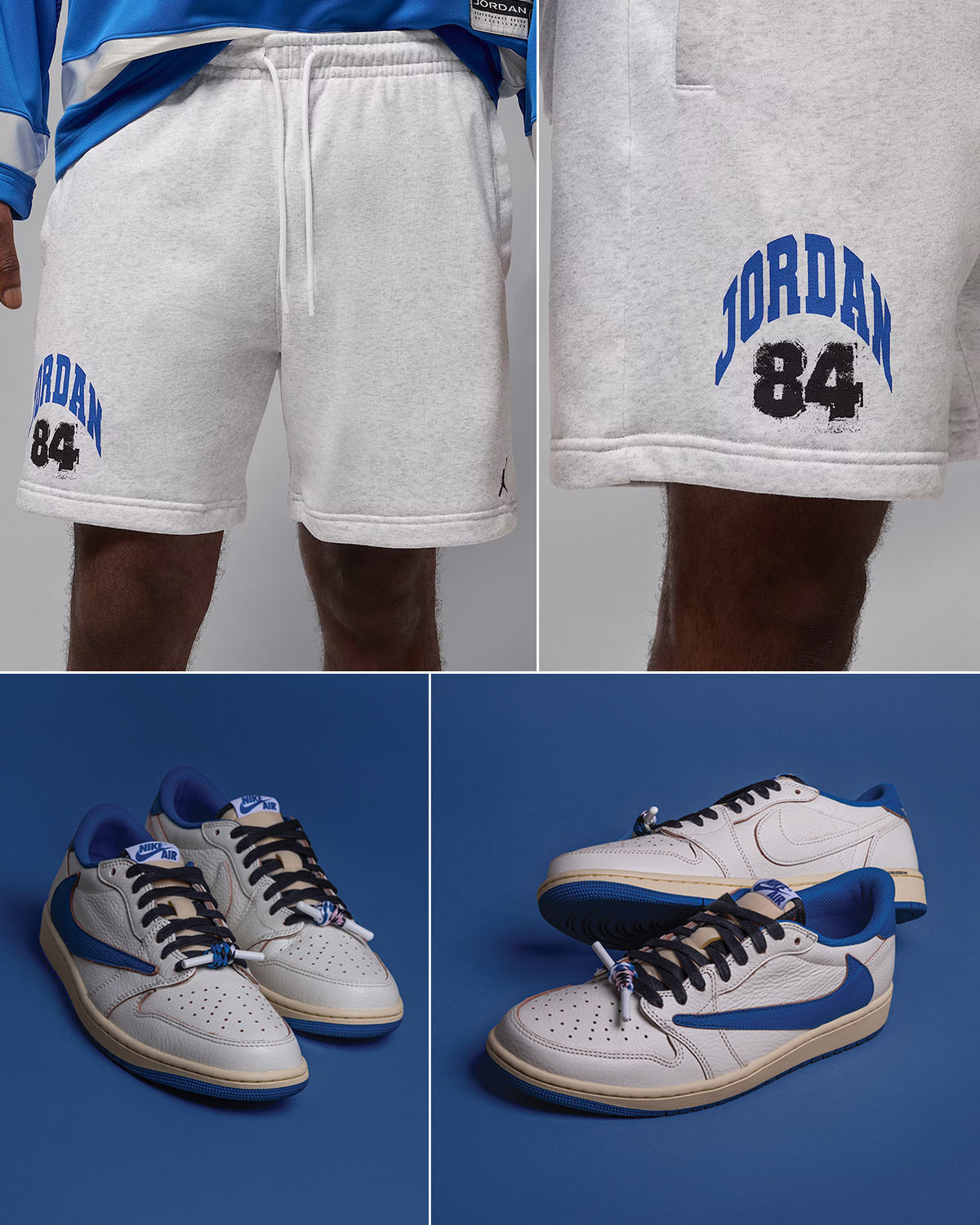 Travis Scott x Fragment Design x Air Jordan 1 Low OG White Royal Shoes x Jordan Brookyn Fleece Shorts Outfit