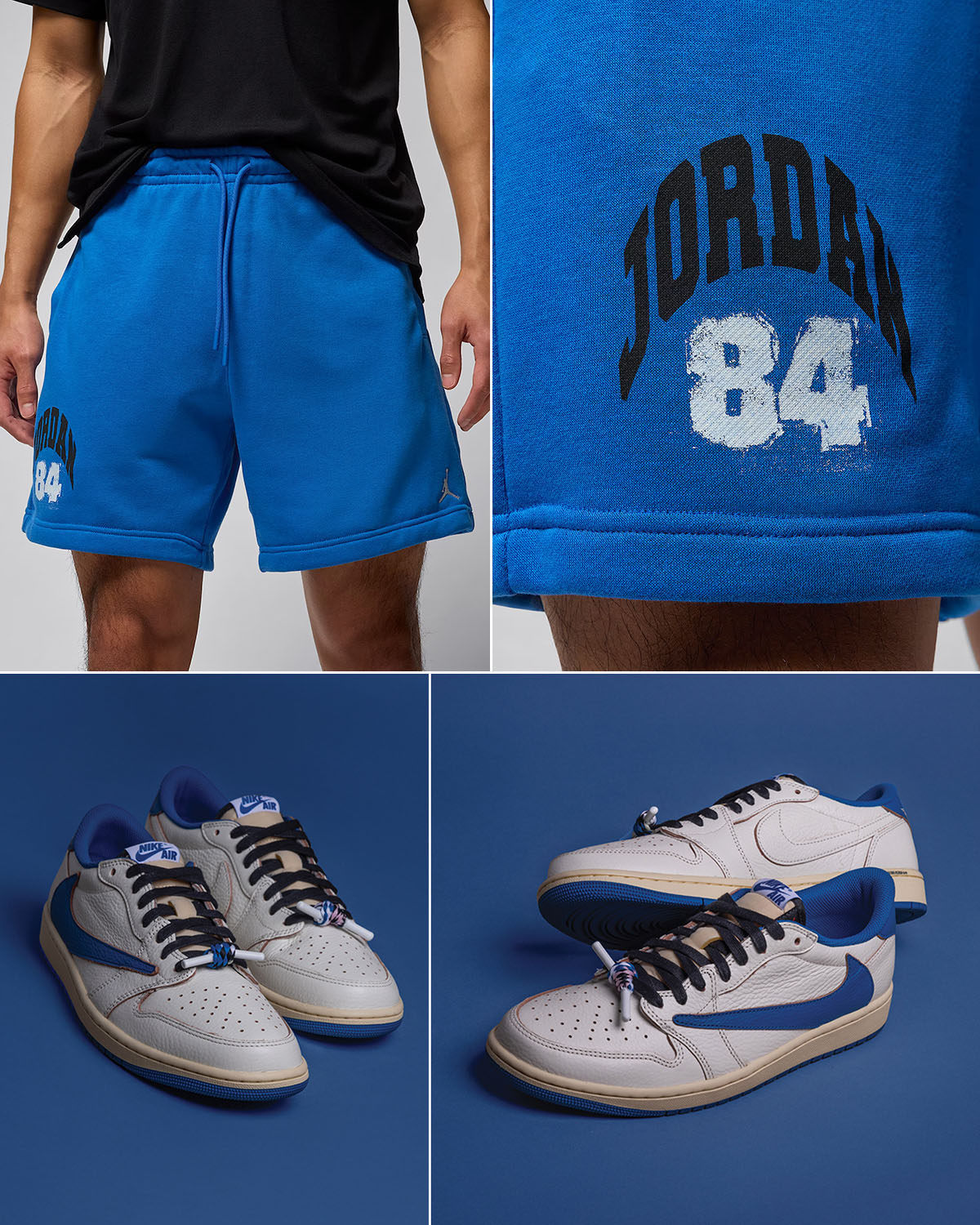 Travis Scott x Fragment Design x Air Jordan 1 Low OG White Royal Shoes x Jordan Brookyn Fleece Shorts