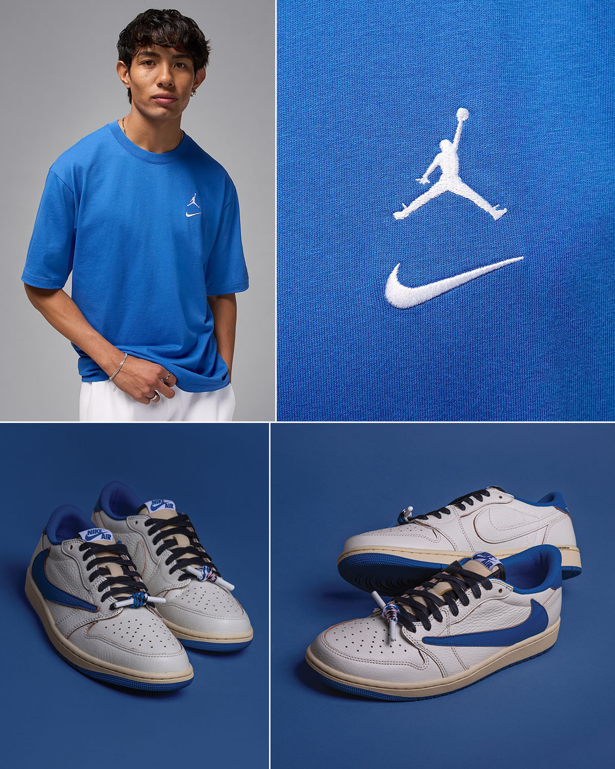 Travis Scott x Fragment Design x Air Jordan 1 Low OG White Royal Shoes x Jordan Brookyn Logo T Shirt Outfit