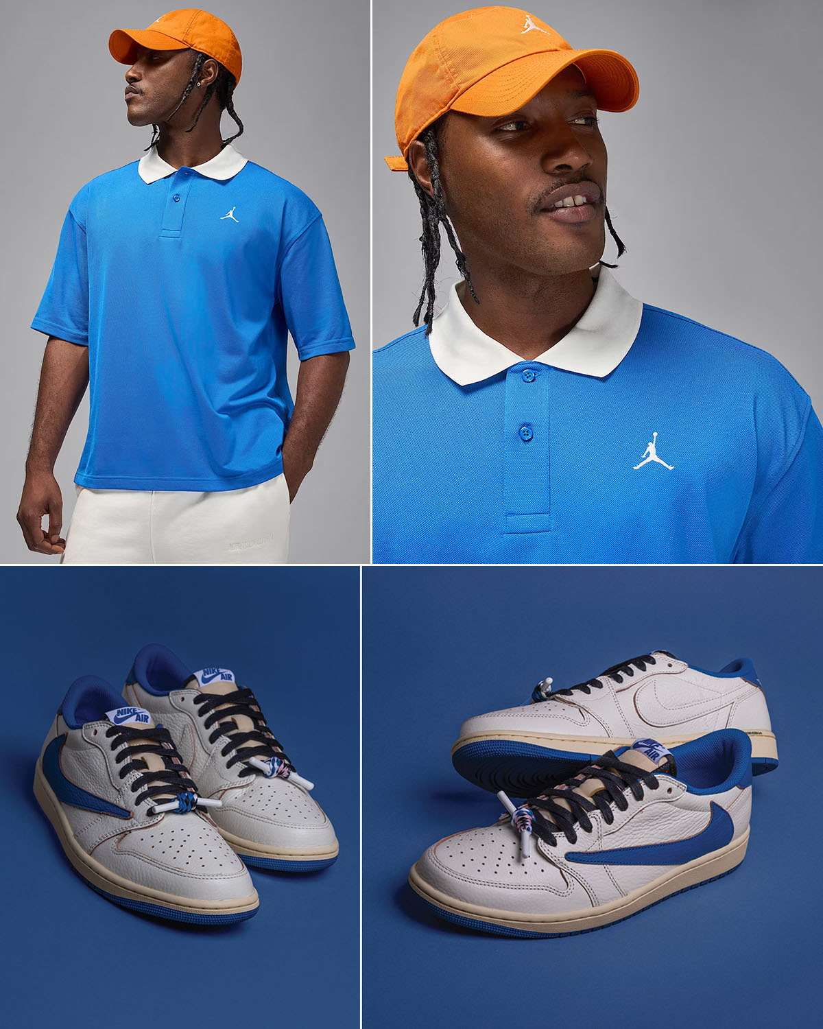 Travis Scott x Fragment Design x Air Jordan 1 Low OG White Royal Shoes x Jordan Brookyn Polo Shirt Outfit