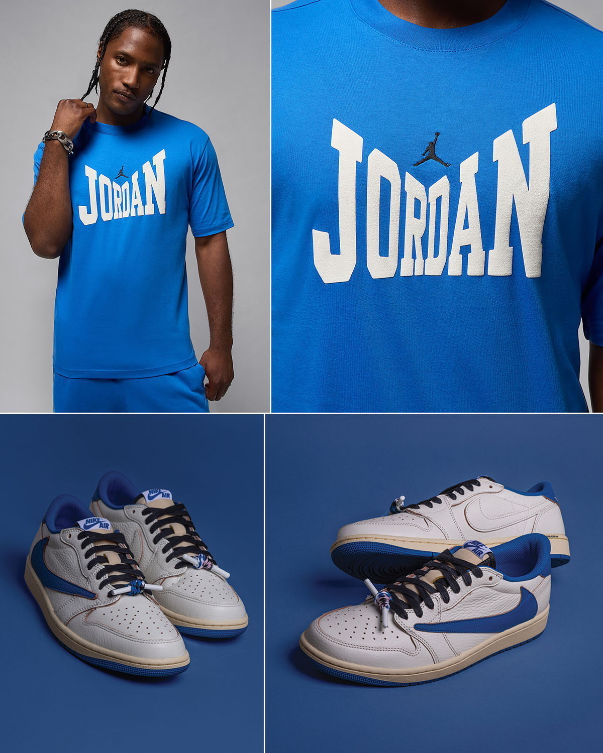Travis Scott x Fragment Design x Air Jordan 1 Low OG White Royal Shoes x Jordan Brookyn T Shirt Outfit