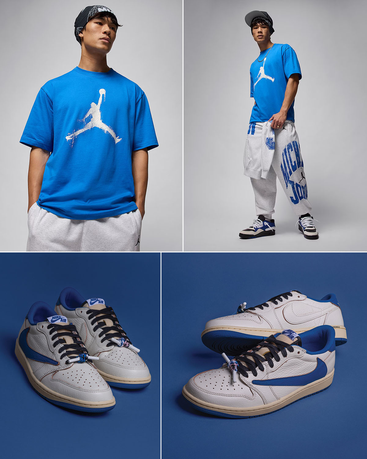 Travis Scott x Fragment Design x Air Jordan 1 Low OG White Royal Shoes x Jordan Brookyn T Shirt and Pants Outfit
