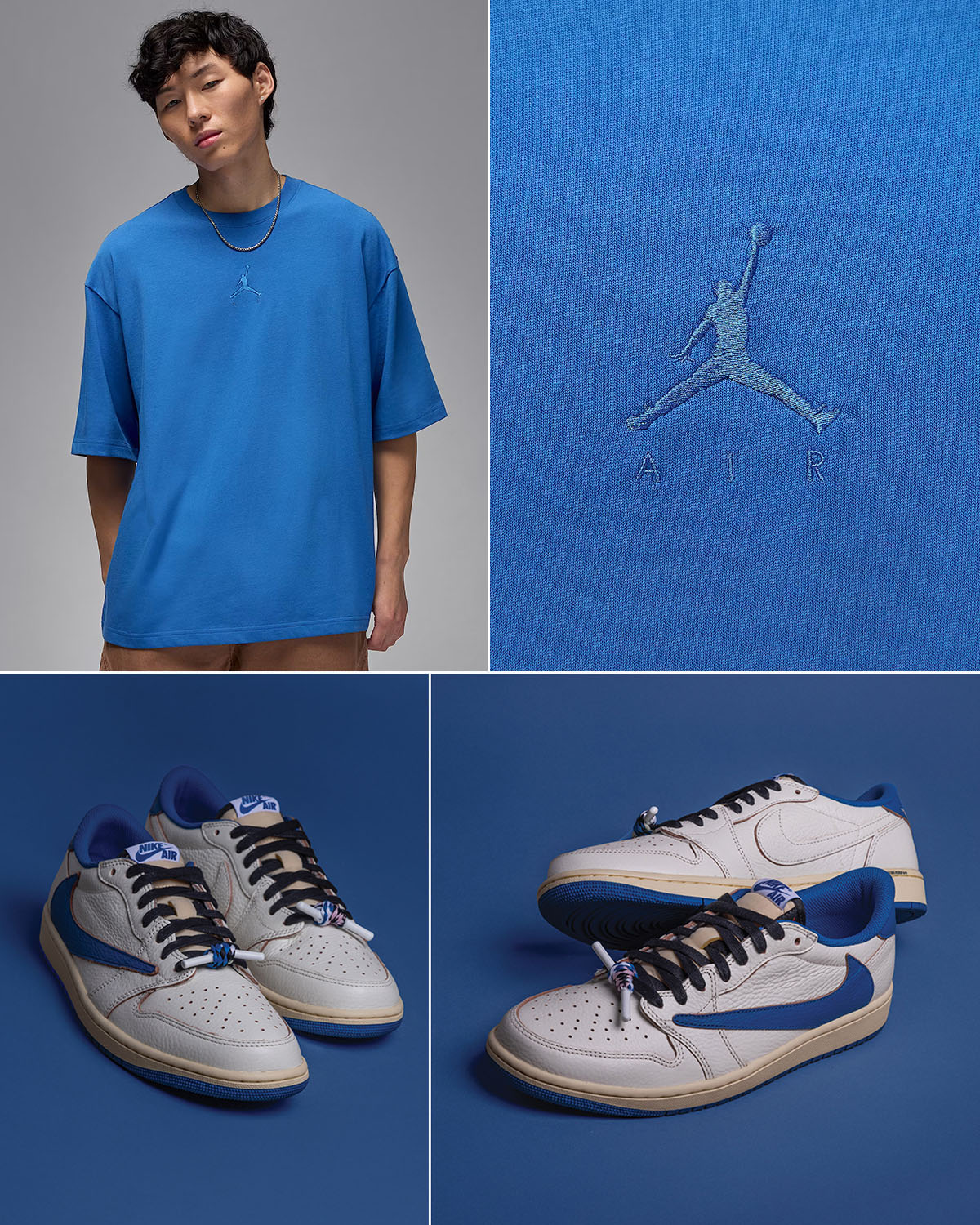 Travis Scott x Fragment Design x Air Jordan 1 Low OG White Royal Shoes x Jordan Flight Essentials Oversized T Shirt Outfit