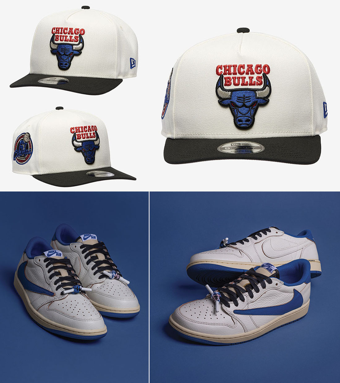 Travis Scott x Fragment Design x Air Jordan 1 Low OG White Royal Shoes x New Era Chicago Bulls Snapback Hat