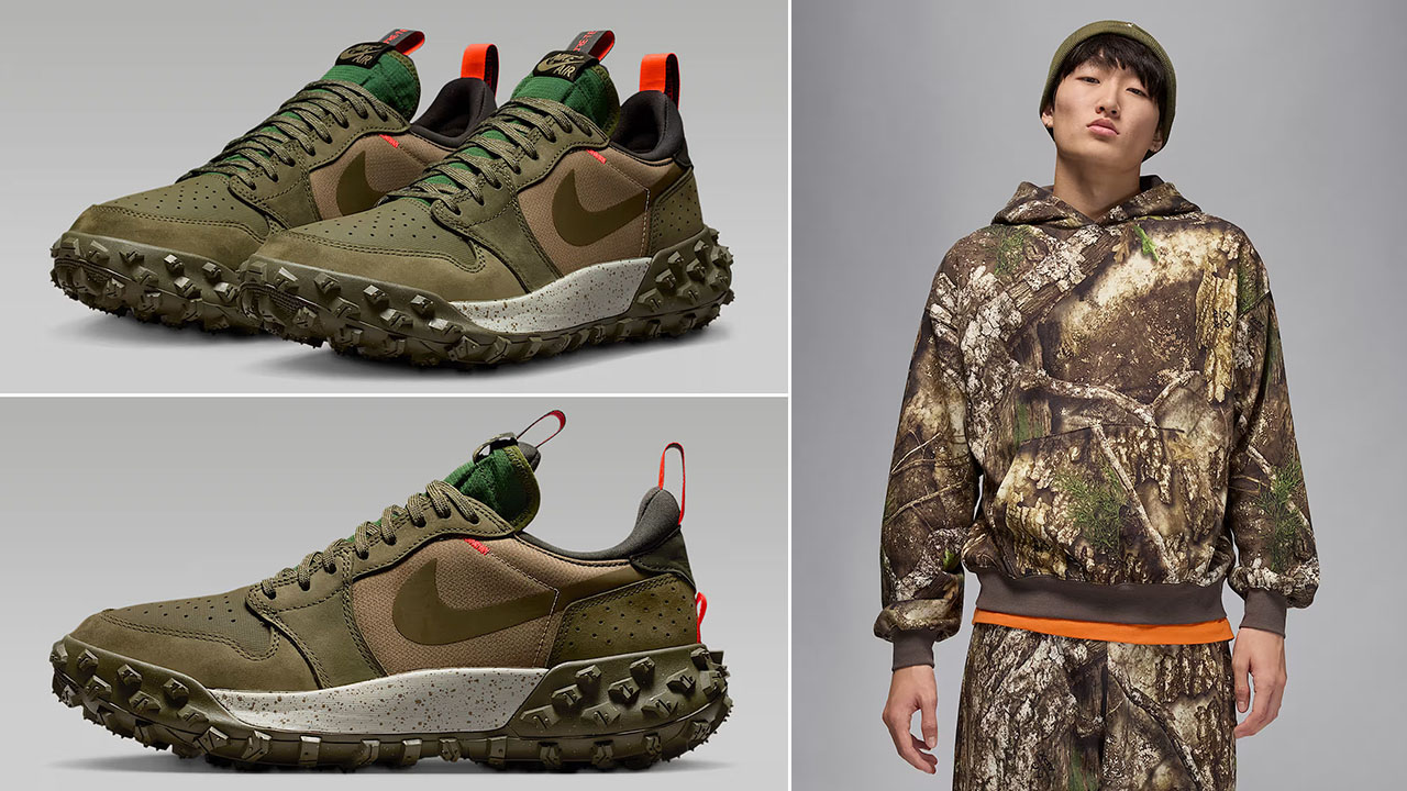 Air Jordan 1 Element Low AT Medium Olive Mens Shoes x Jordan Brooklyn Fleece Mens Realtree Camo Hoodie Outfit