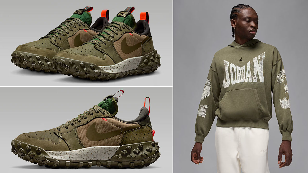Air Jordan 1 Element Low AT Medium Olive Mens Shoes x Jordan Brooklyn Mens Collegiate Hoodie Outfit
