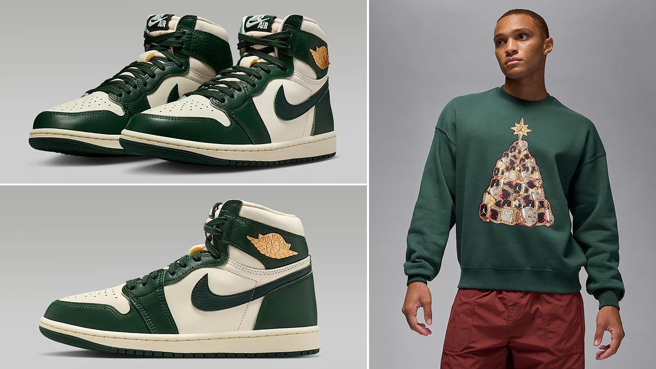 Air Jordan 1 High OG Fir Shoes x Jordan Brooklyn Fleece Mens Holiday 2025 Crew Neck Sweatshirt Outfit