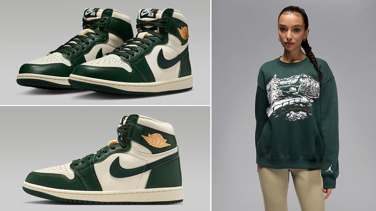 Air Jordan 1 High OG Fir Shoes x Jordan Brooklyn Fleece Womens Holiday 2025 Crew Neck Sweatshirt Outfit