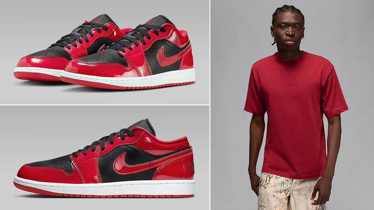 Air Jordan 1 Low Patent Black White Varsity Red Mens Shoes x Air Jordan Wordmark 85 Mens T Shirt Outfit